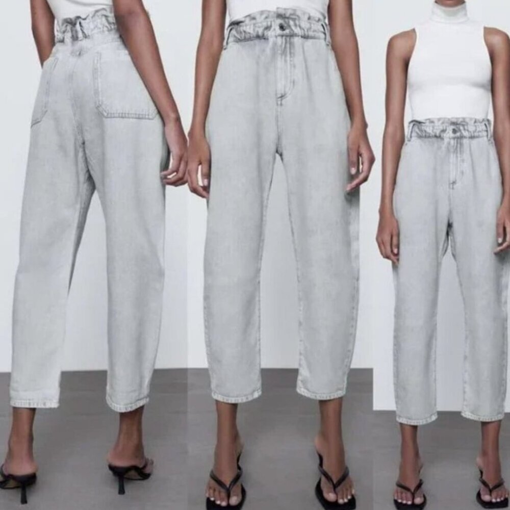 Zara Baggy Paperbag Waist Grey Acid Washed Crop Jeans Size 6